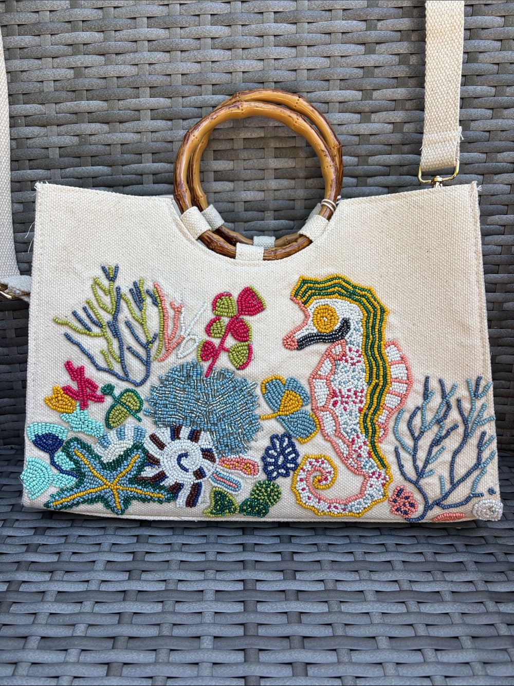 Sol and Mer Cream Canvas Beaded Sea Life Canvas Tote & Convertible Crossbody Bag